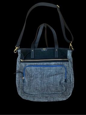 Fossil Ivy tote crossbody bag grey and black woven fabric with blue 14 X 16